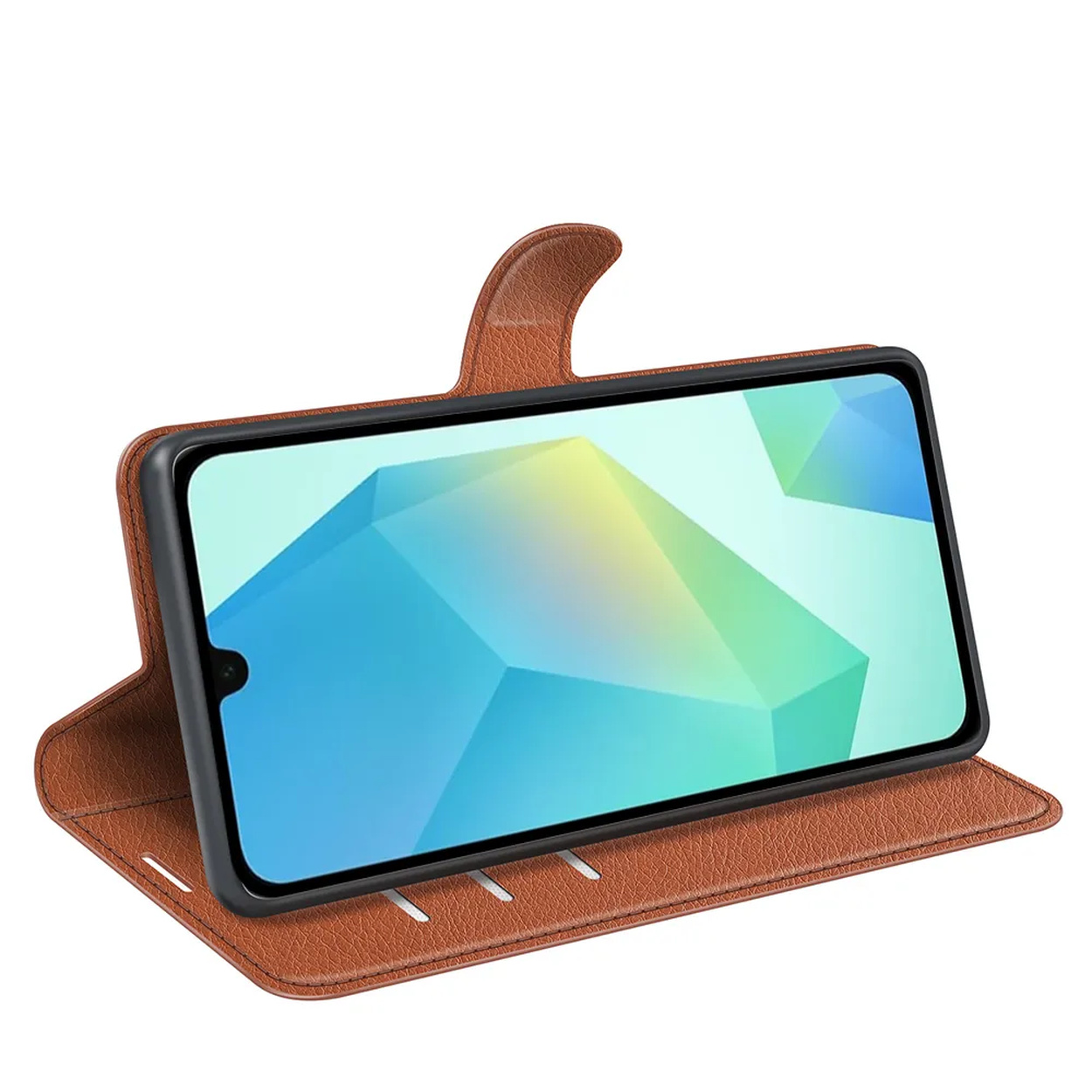 Een smartphone in een bruine leren hoes. Het scherm toont een kleurrijk abstract ontwerp. De hoes is open en opgezet.