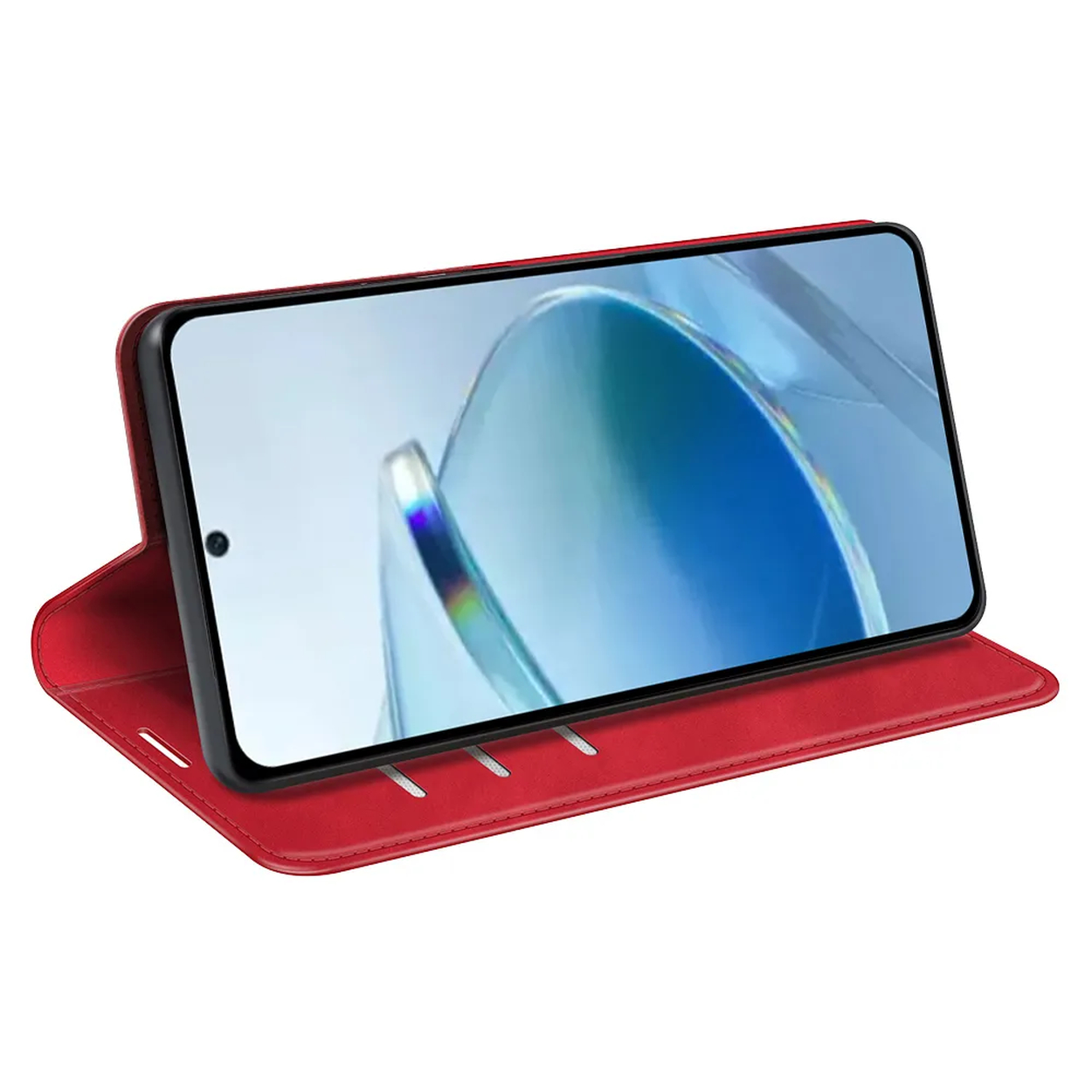 Een rode telefoonhoes met een telefoon erin. De telefoon toont een blauw-witte afbeelding. De hoes is van leerachtig materiaal.