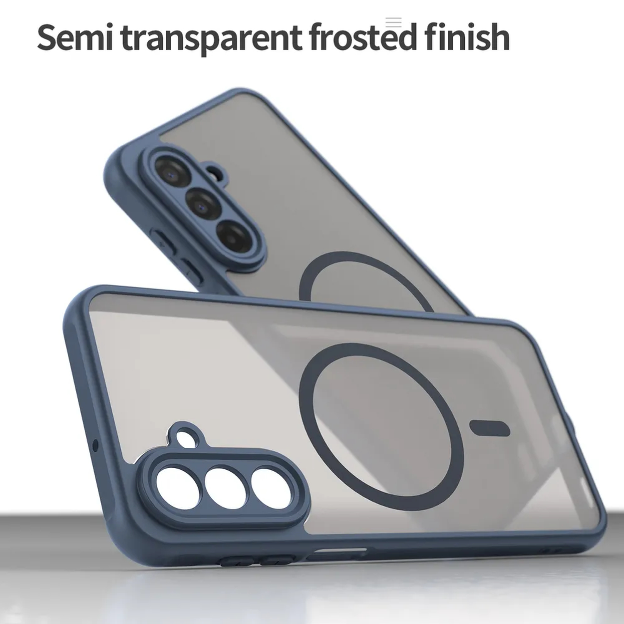 Deux coques de téléphone semi-transparentes avec un cadre bleu, montrant la découpe de l'appareil photo et un design circulaire au dos.