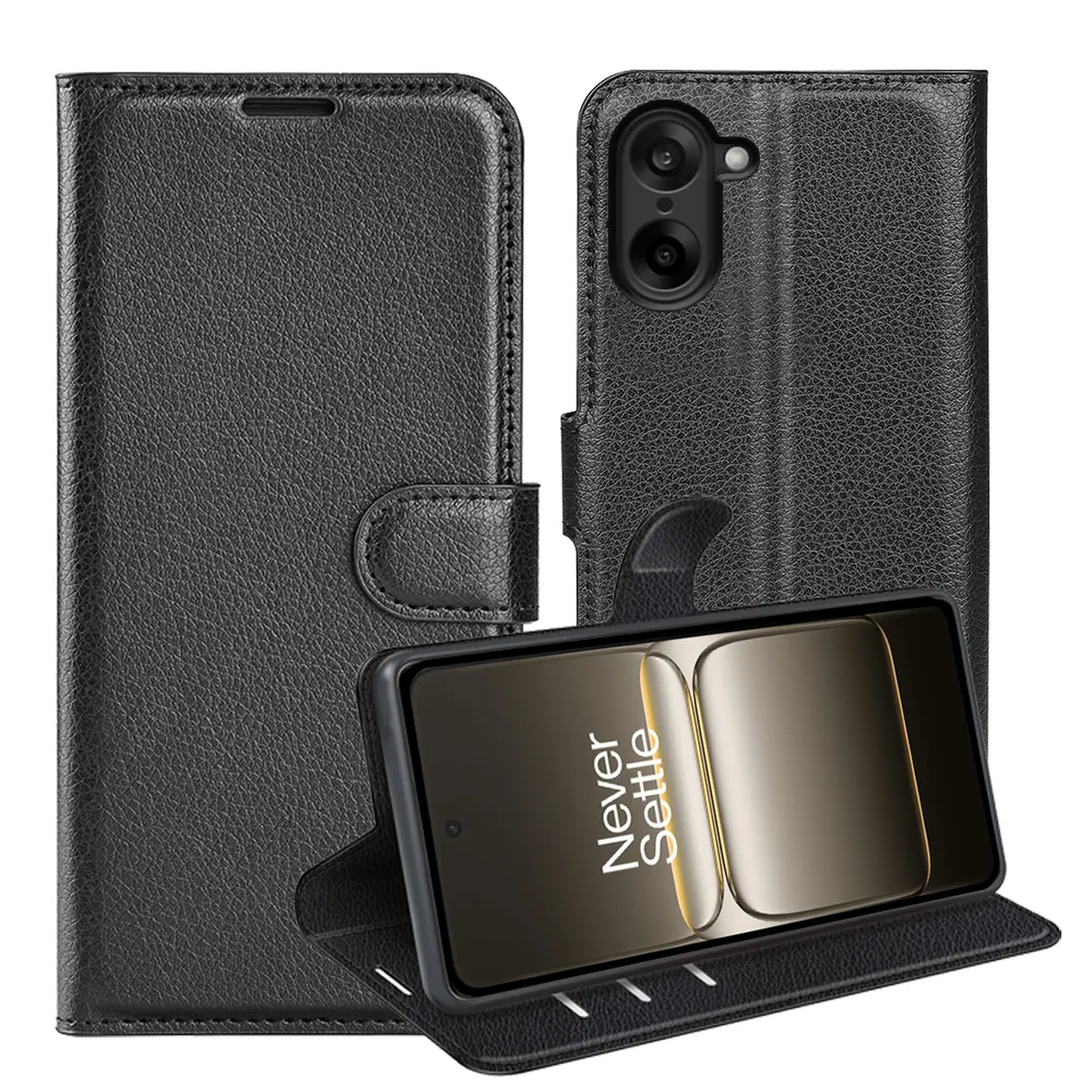 Zwarte telefoonhoes met telefoon erin. De telefoon toont "Never Settle". De hoes is open en toont de binnenkant met kaartsleuven.