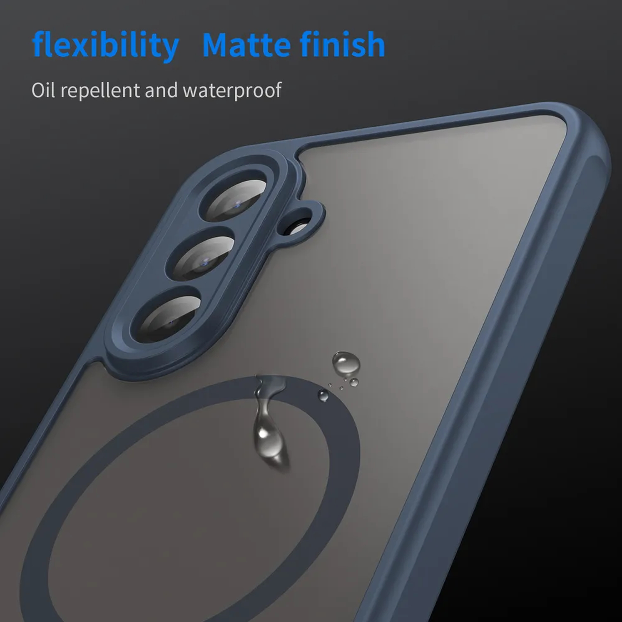 Une coque de téléphone bleue avec une finition mate. Des gouttelettes d'eau visibles. La coque protège l'appareil photo et a une forme d'anneau.