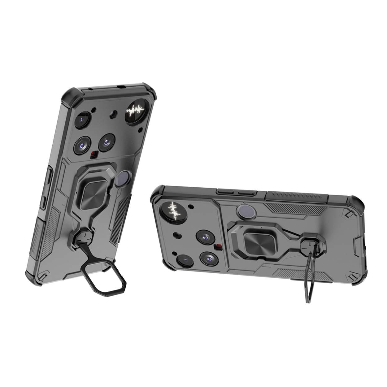 Deux coques de téléphone grises avec des supports en anneau. Une coque est verticale, l'autre est inclinée. Les deux ont des découpes pour la caméra et un design texturé.