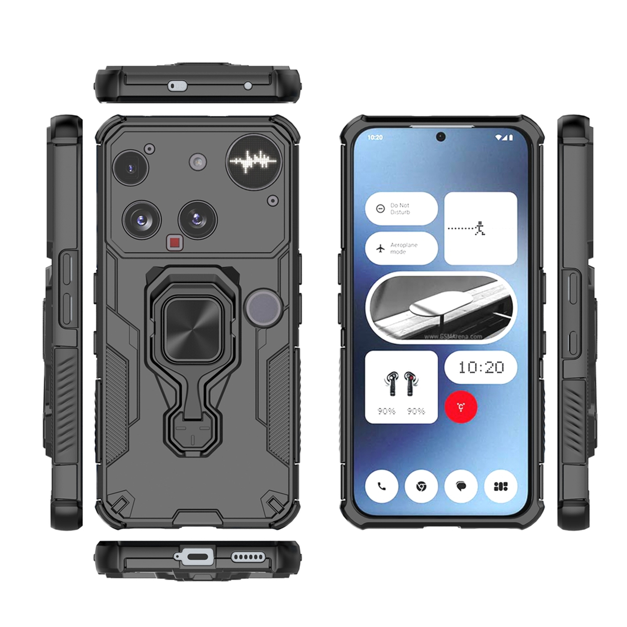 Un téléphone avec un étui de protection, écran affichant les paramètres. L'étui est noir et le téléphone affiche l'horloge et les icônes.