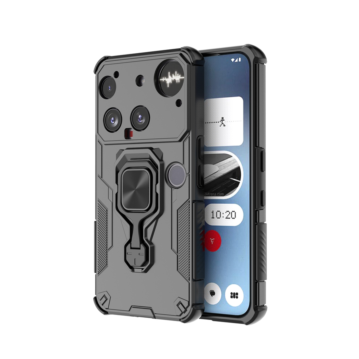 Une coque de téléphone grise avec un téléphone à l'intérieur. Le boîtier a un support d'anneau et plusieurs caméras. Le téléphone affiche un écran avec des icônes.