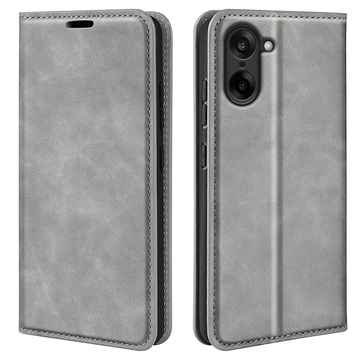 Un étui de téléphone gris, ouvert et fermé, montrant l'appareil photo et les boutons du téléphone. L'étui a une bordure cousue et une texture cuir.