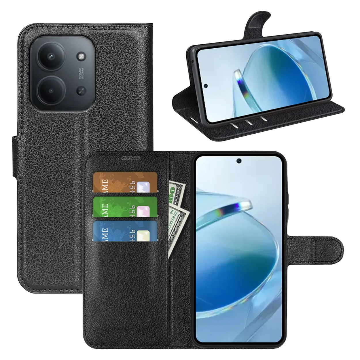 Zwarte telefoonhoes met telefoon erin. Kaarten en geld in de hoes.
