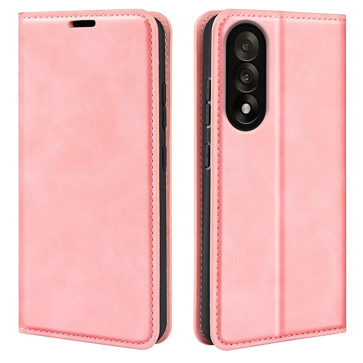 Deux étuis de téléphone roses, un fermé et un ouvert, montrant l'appareil photo du téléphone. Les deux ont des bords et des coutures noirs.