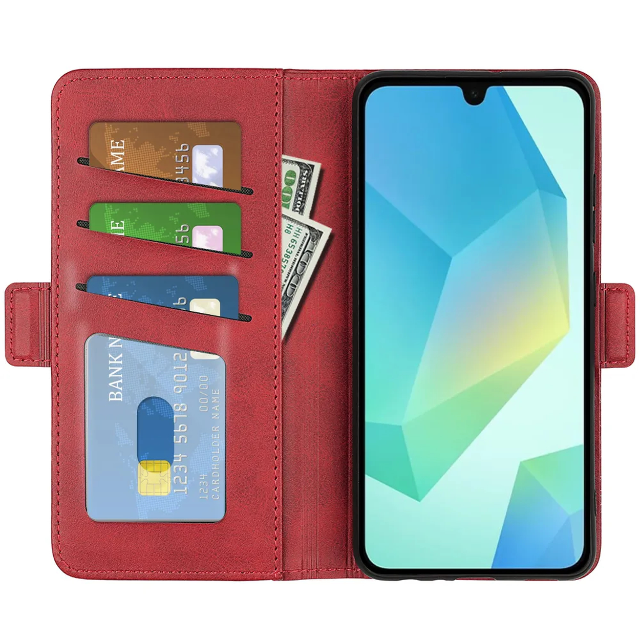 Rode telefoonhoes open, met telefoon, kaarten en contant geld. Scherm met kleurrijk geometrisch patroon.