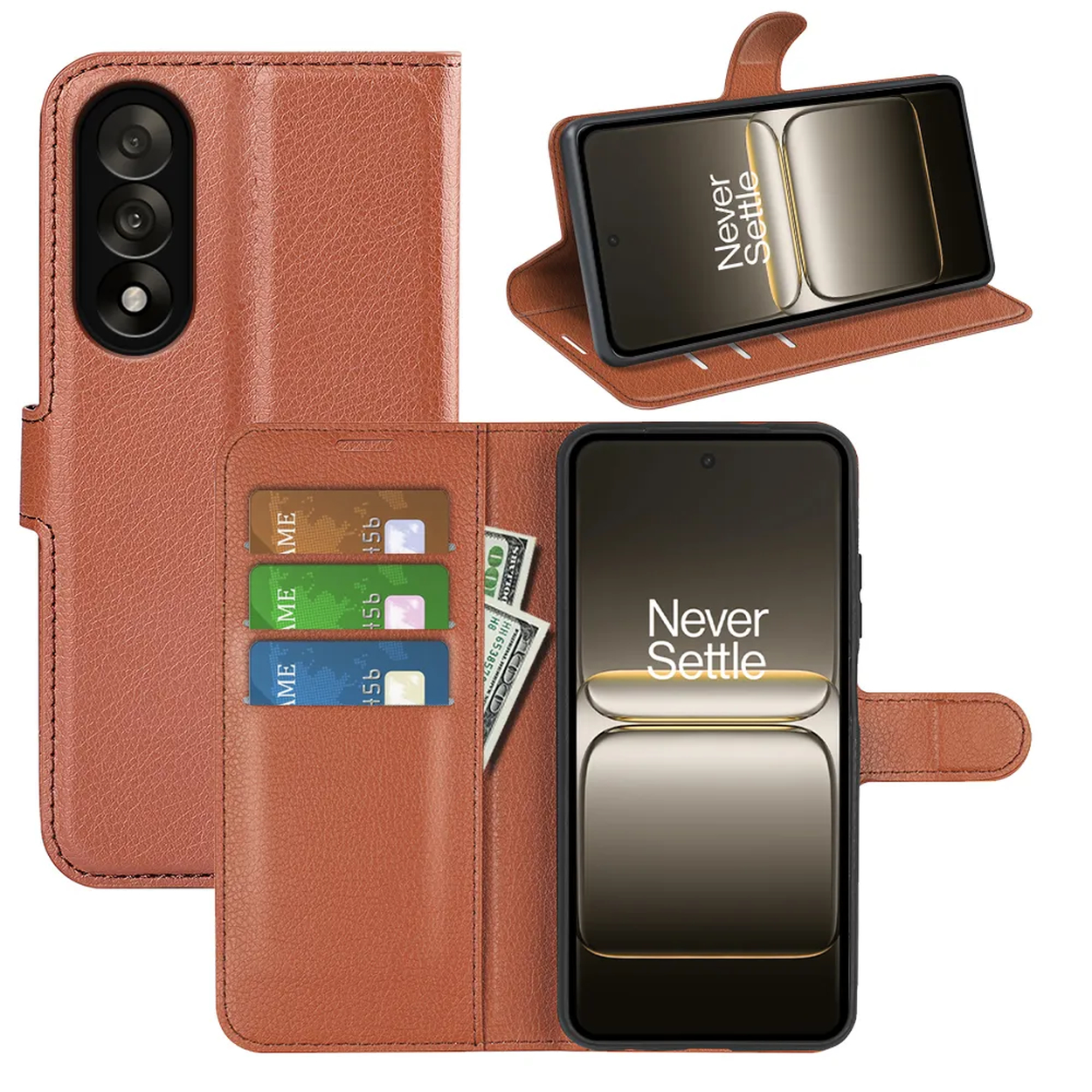 Een bruine leren telefoonhoes met telefoon, kaarten en contant geld. De telefoon toont 'Never Settle'.