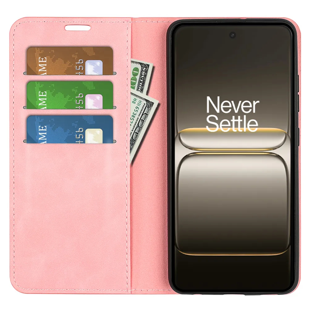 Étui de téléphone rose avec un téléphone à l'intérieur, trois cartes et deux billets de dollar.