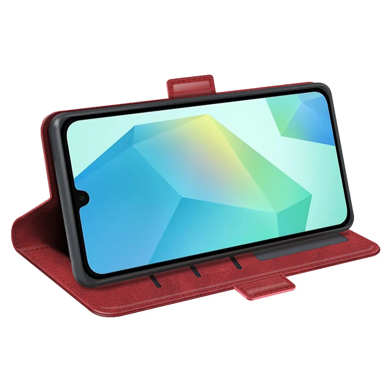 Een smartphone in een rode hoes is open en toont een kleurrijk geometrisch ontwerp op het scherm. De hoes is leerachtig.