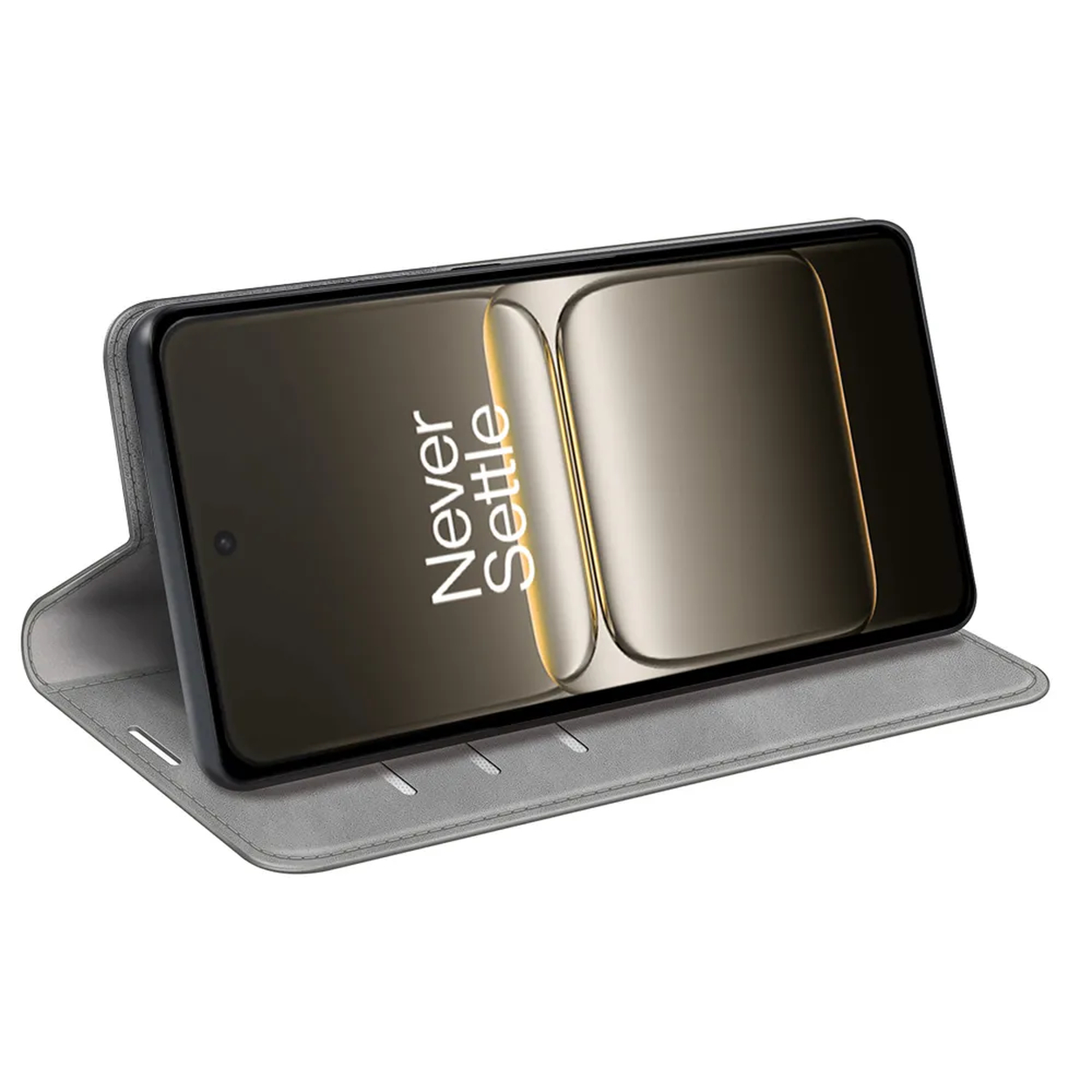 Un smartphone avec l'écran affichant "Never Settle" est posé dans un étui gris. L'étui est ouvert, révélant l'écran du téléphone.