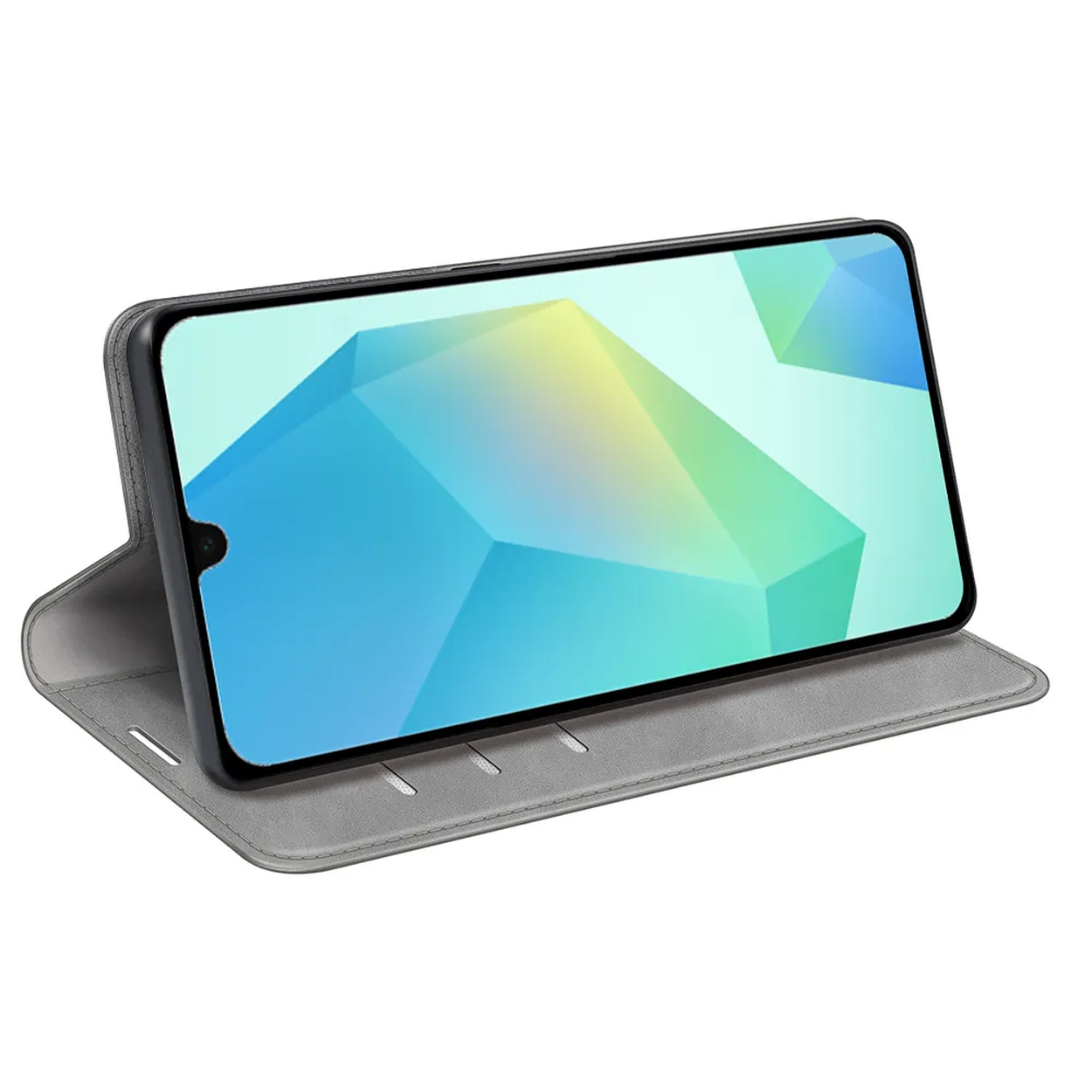 Smartphone in een grijze hoes, scherm toont blauwe en groene geometrische vormen. De hoes is open, schuin en op een wit oppervlak.