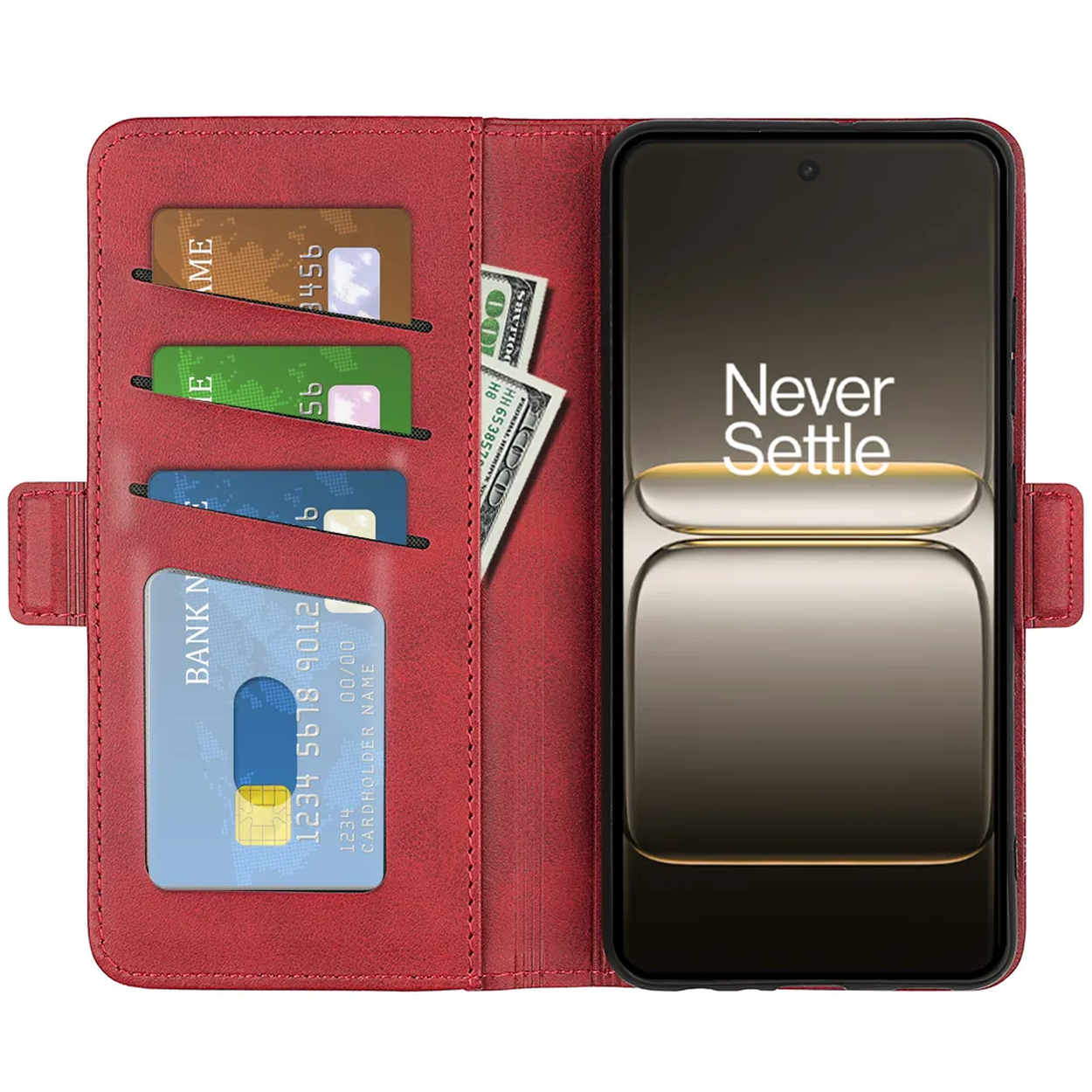 Rode telefoonhoes met telefoon, contant geld en creditcards. De telefoon toont 'Never Settle'. Kaarten hebben nummers en namen.