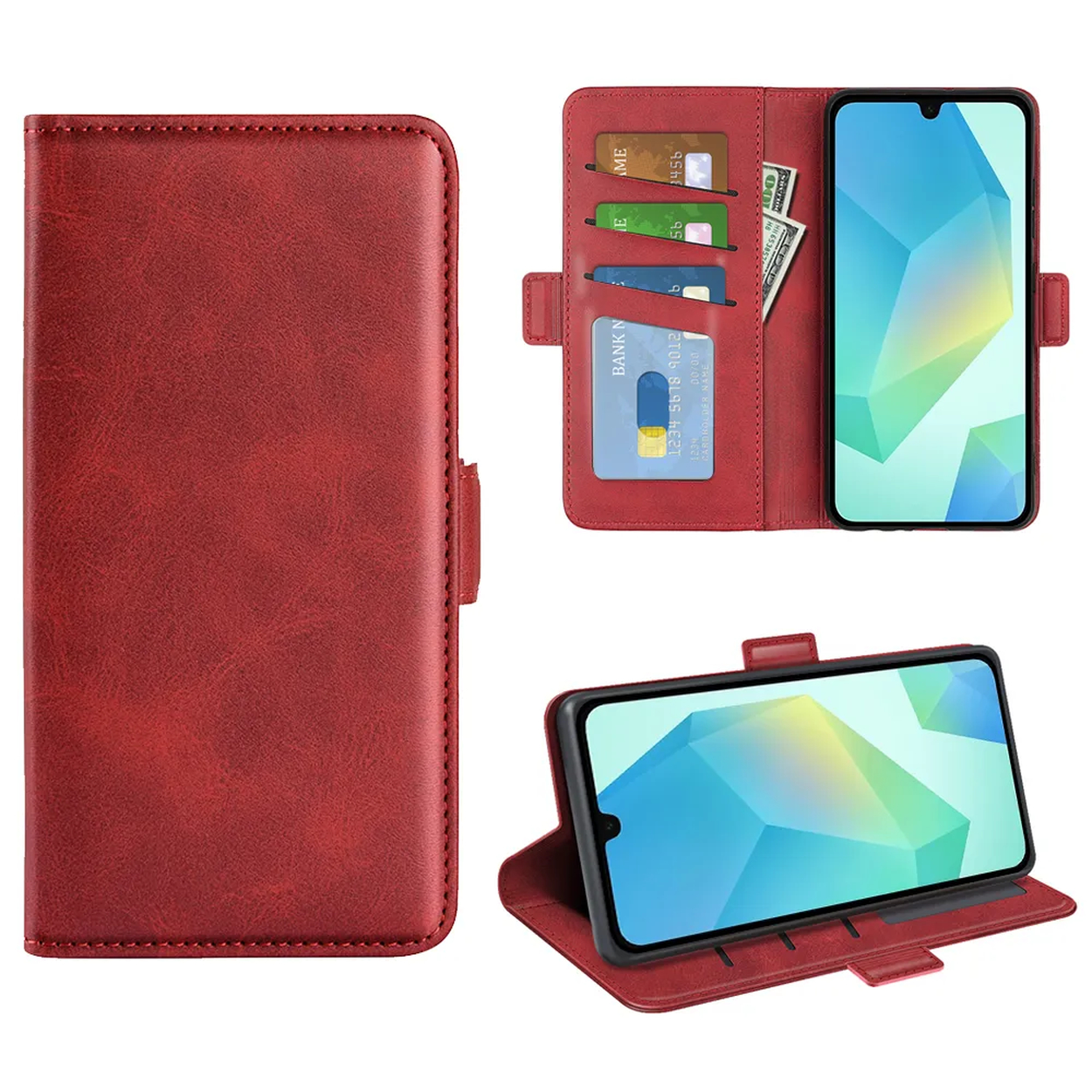 Rode leren telefoonhoes met kaarten, contanten en een smartphone met een geometrisch blauw en wit ontwerp op het scherm.