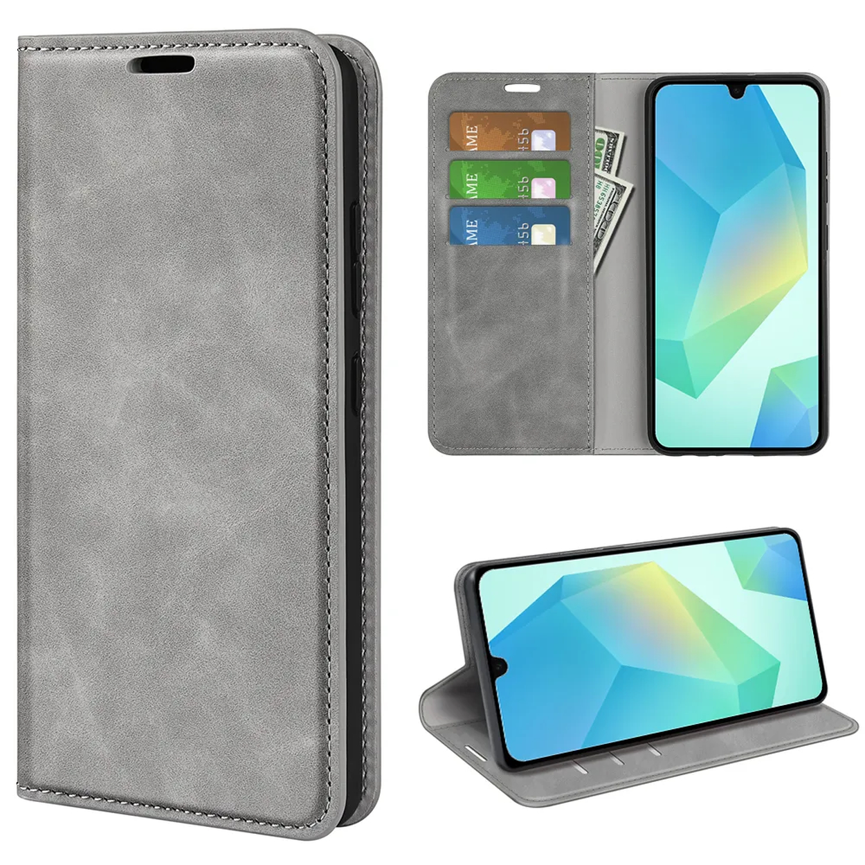 Een grijze telefoonhoes met een telefoon erin. Er zijn ook drie creditcards en een paar dollar zichtbaar.