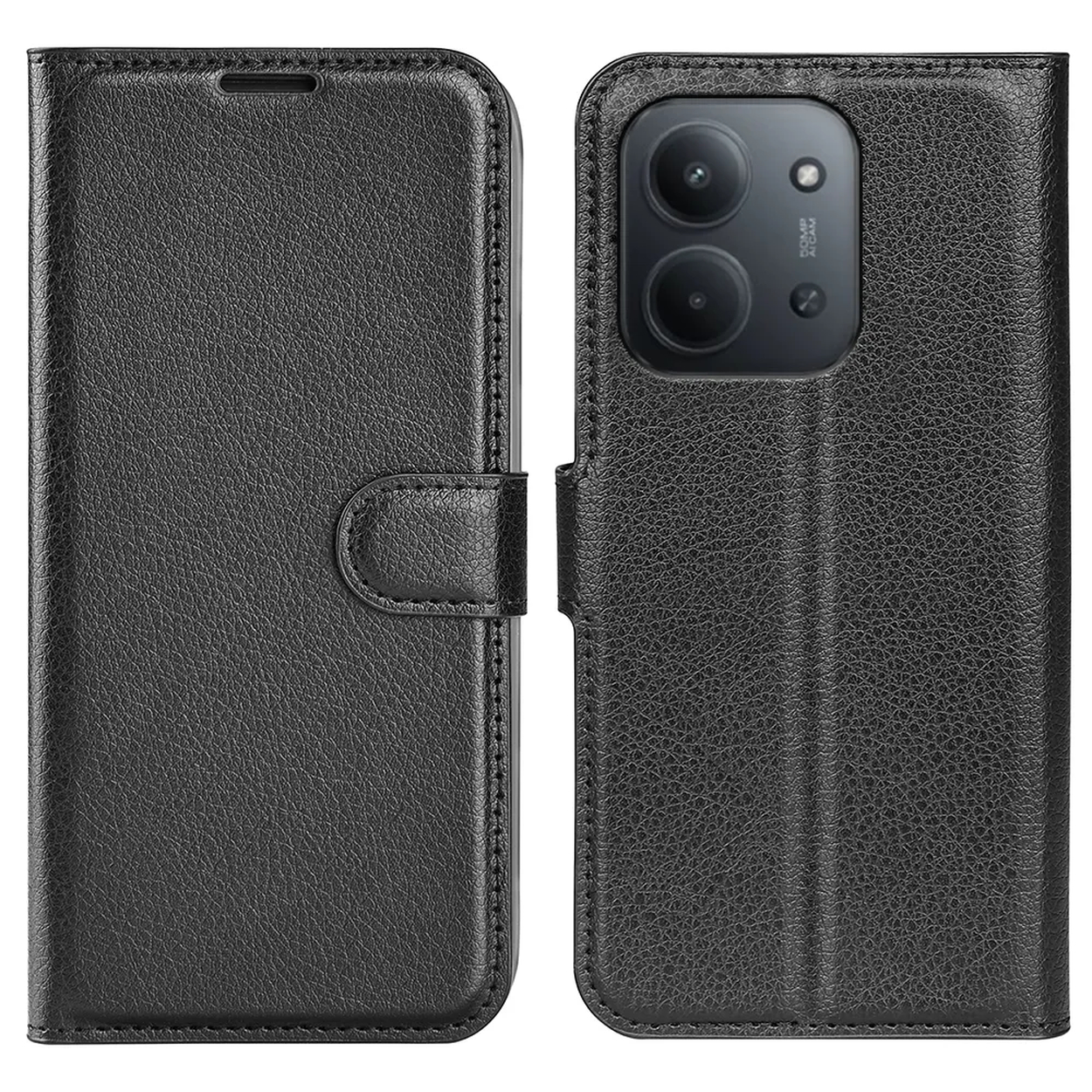 Zwarte leren telefoonhoes, open. Eén kant heeft een camera en lenzen. De andere kant heeft een sluiting.
