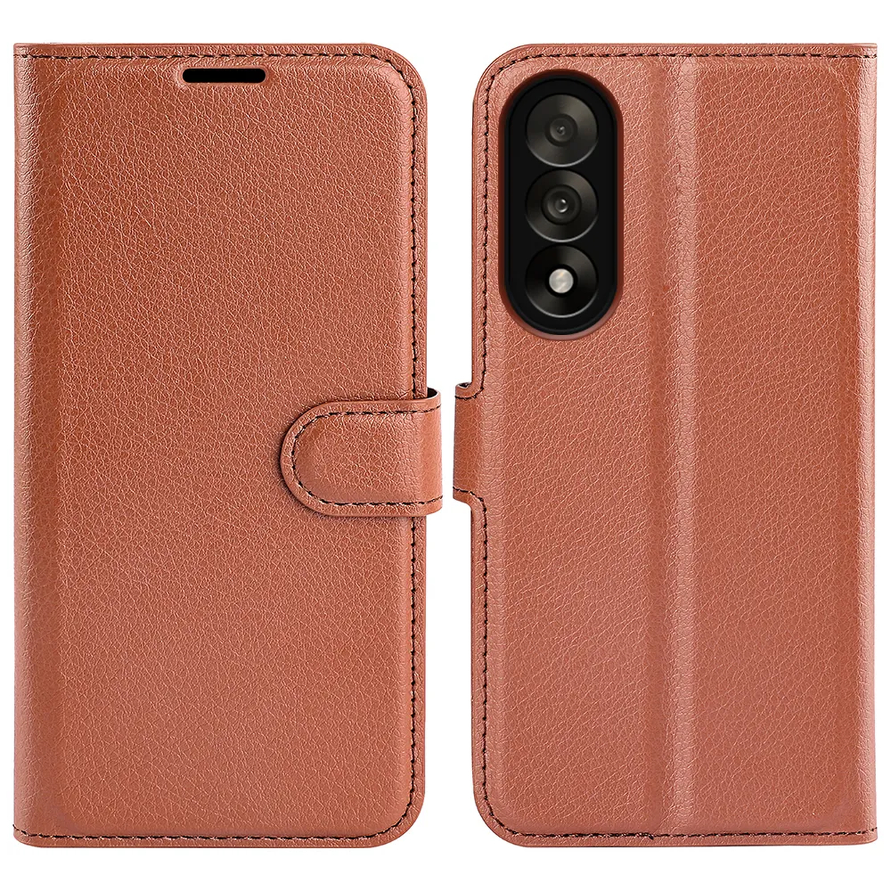 Een bruine leren telefoonhoes, opengeklapt om de camera van de telefoon te laten zien. De hoes is getextureerd en heeft een magnetische sluiting.