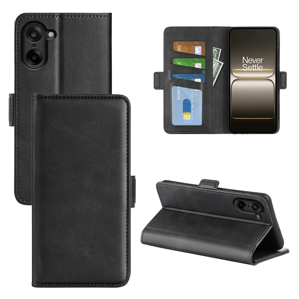 Zwarte telefoonhoes met creditcardvakken en een telefoon. Het toont het scherm van de telefoon, creditcards en een biljet.
