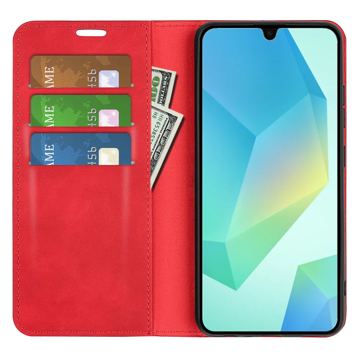 Rode telefoonhoes met telefoon, kaarten en geld erin. De telefoon toont een blauw-groene gradiënt. Kaarten hebben 'AME' en nummers.