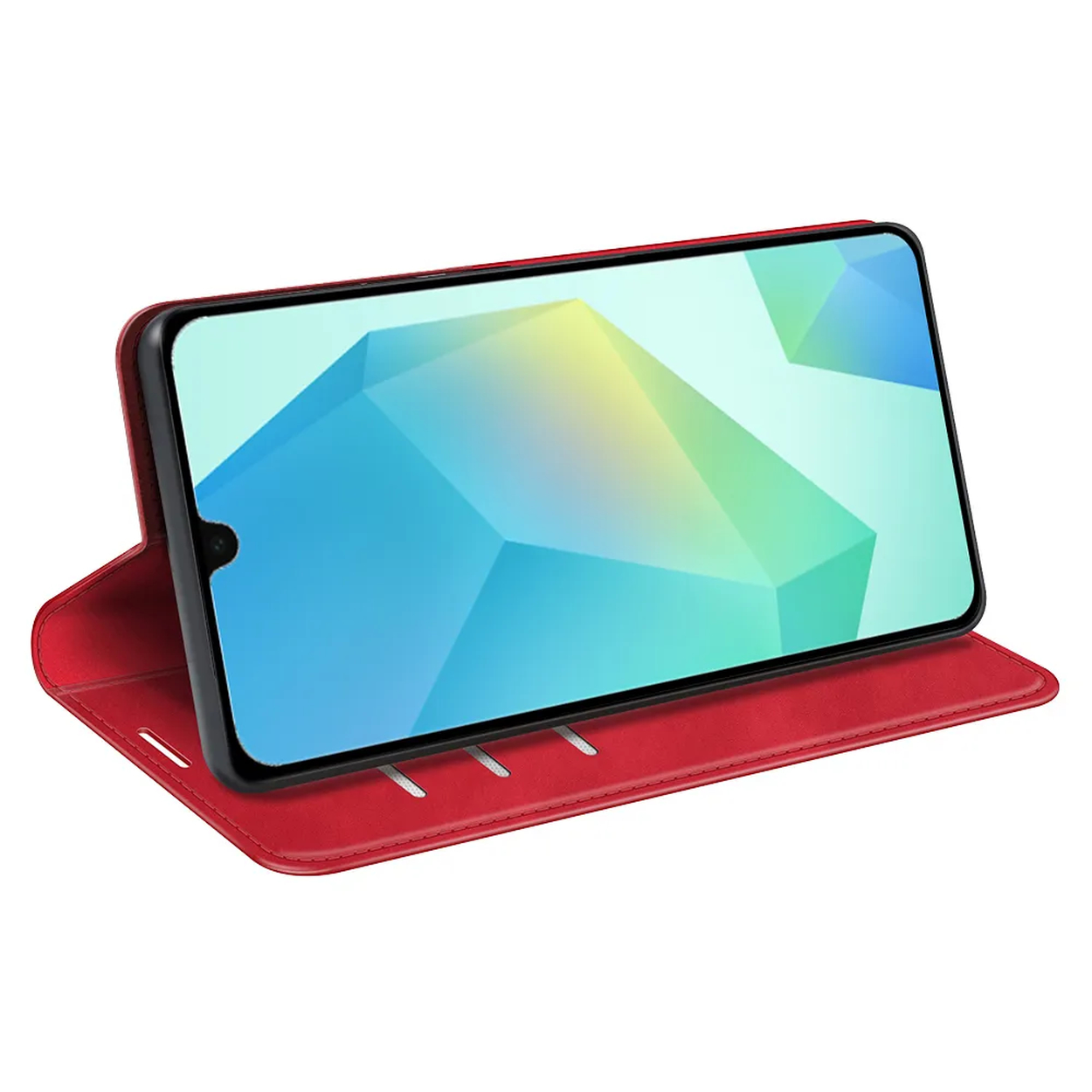 Een rode telefoonhoes met een telefoon erin. De telefoon toont een geometrisch ontwerp. De hoes is open en schuin.