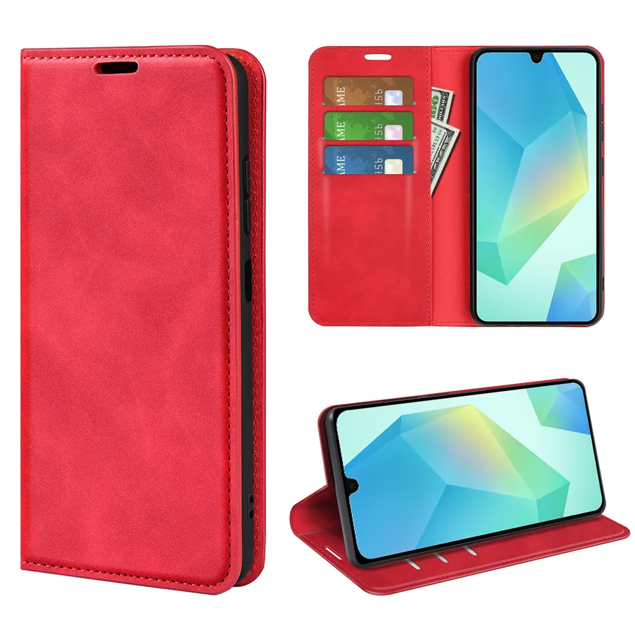 Een rode telefoonhoes met een telefoon erin. Inclusief kaartsleuven en een standfunctie. Het telefoonscherm toont een geometrisch ontwerp.
