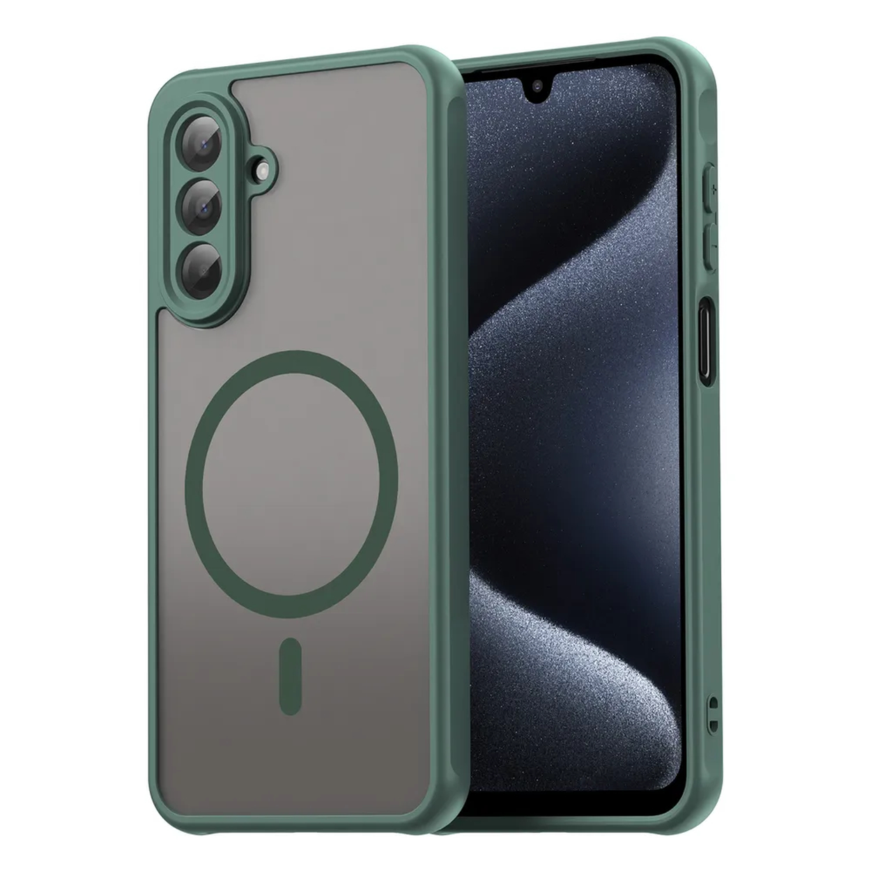 Un téléphone dans une coque verte. La coque a un motif circulaire au dos. L'écran est visible. Il y a des boutons sur le côté.