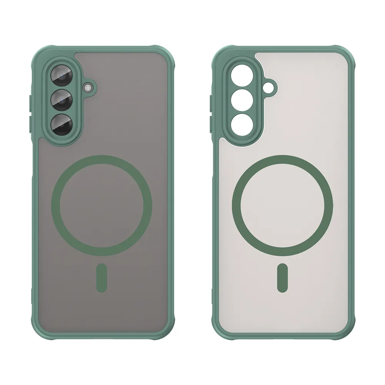 Deux coques de téléphone. Une grise, une blanche. Les deux ont des bordures et des cercles turquoise. Découpes caméra et cercle magnétique visibles.