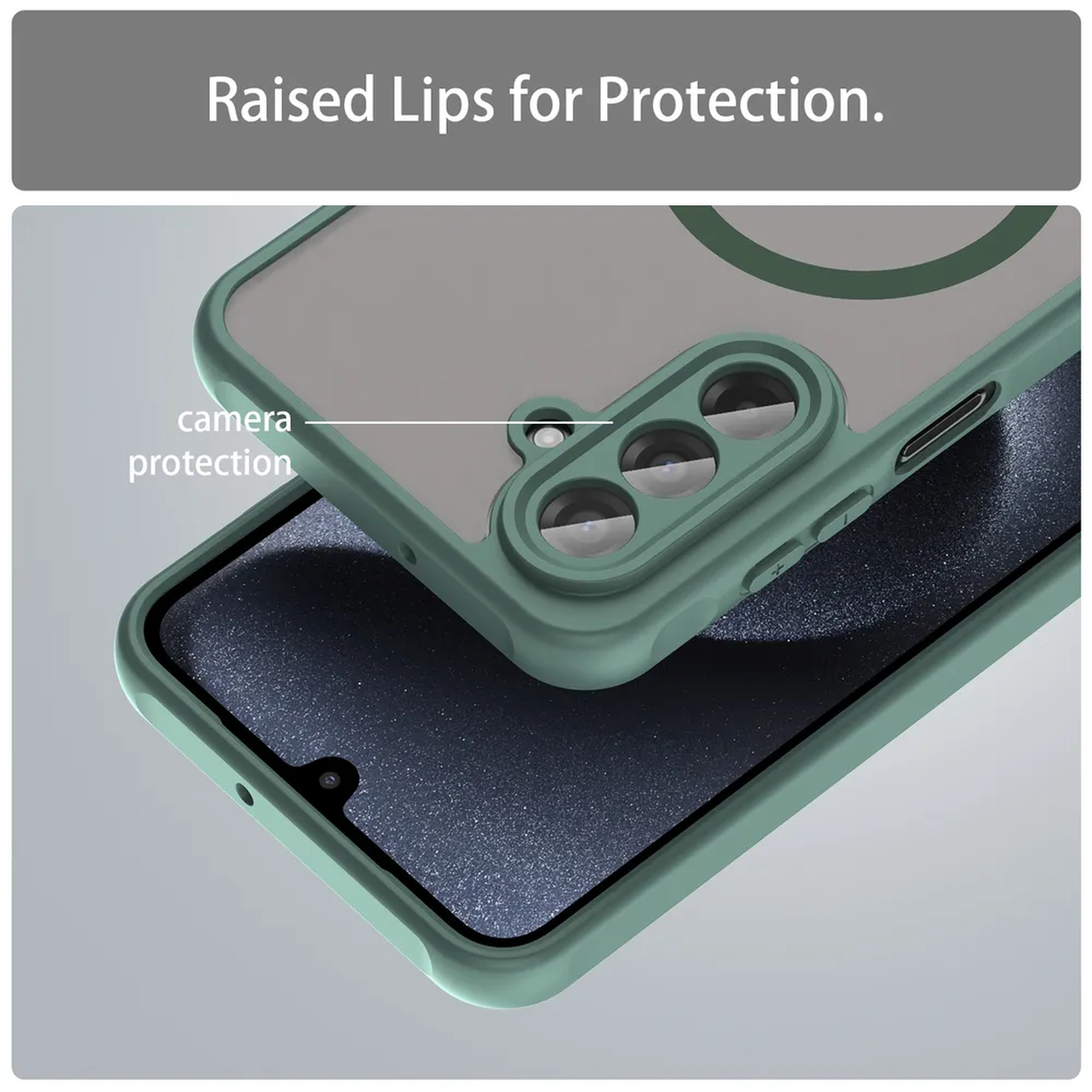 Un étui de téléphone sarcelle avec des bords surélevés pour la protection de l'appareil photo est montré. L'étui est sur un téléphone. L'arrière-plan est flou et gris.