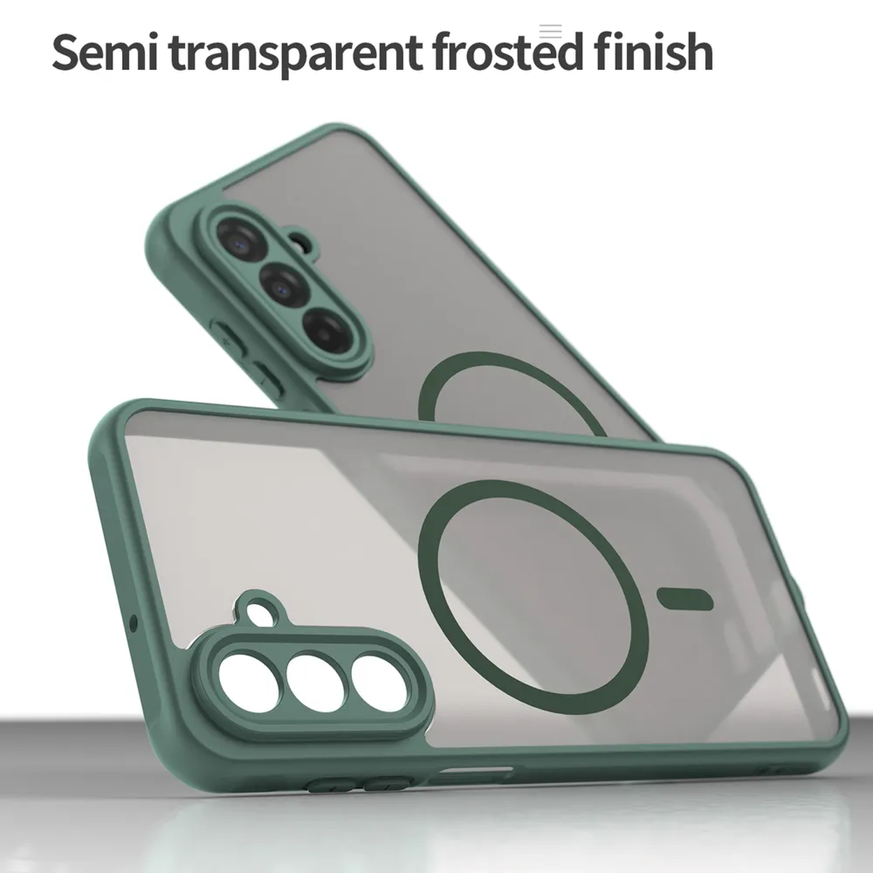 Deux coques de téléphone, l'une sur l'autre. Elles sont transparentes avec des bordures vertes. Les coques ont des découpes pour appareil photo et des dessins circulaires.