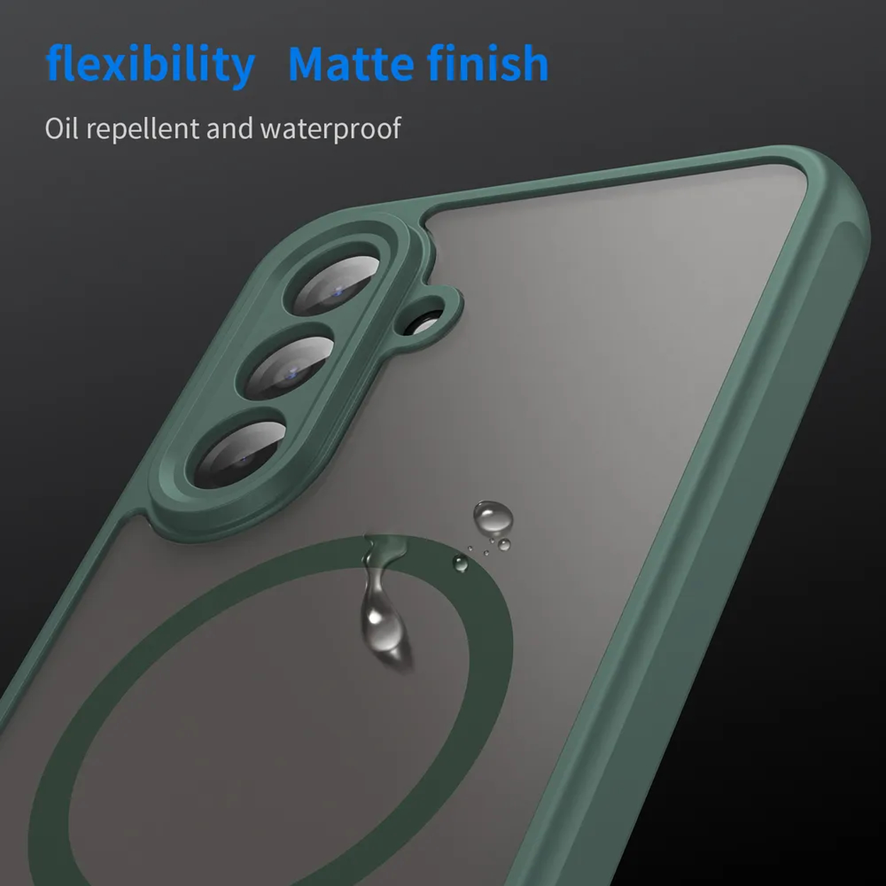Une coque de téléphone verte avec des gouttelettes d'eau, finition mate et les mots 'flexibilité, étanche'.
