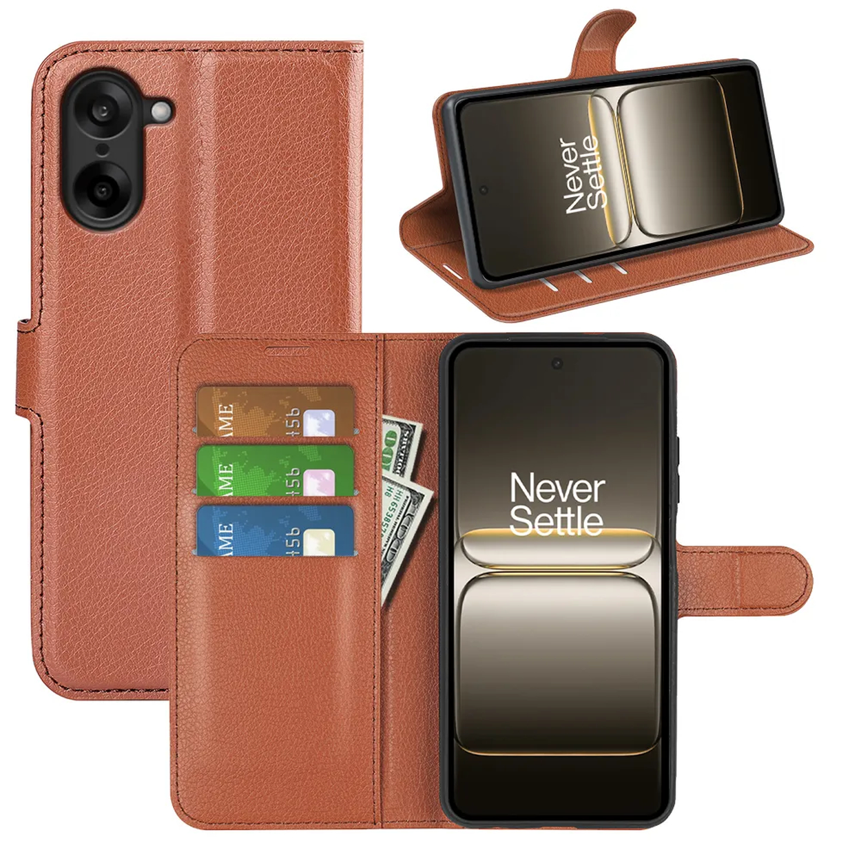 Bruine leren telefoonhoes met telefoon erin, met 'Never Settle'. Creditcards en geld zijn ook zichtbaar.