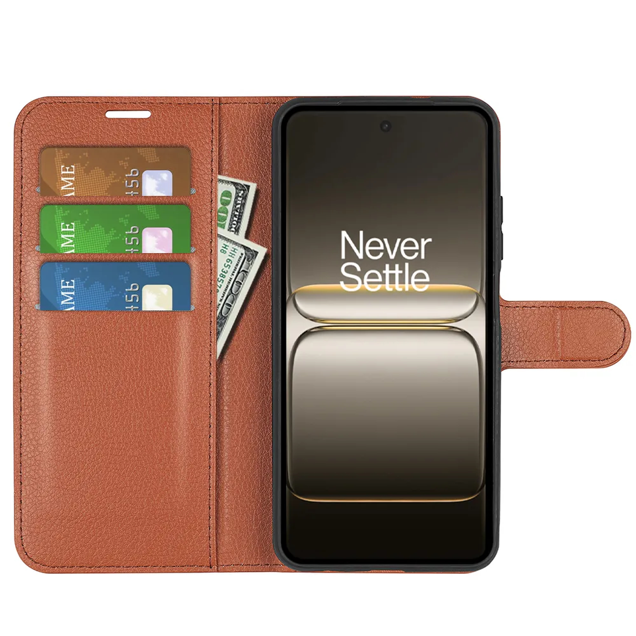 Bruine leren telefoonhoes open, met een telefoon, creditcards en een honderd dollar biljet.