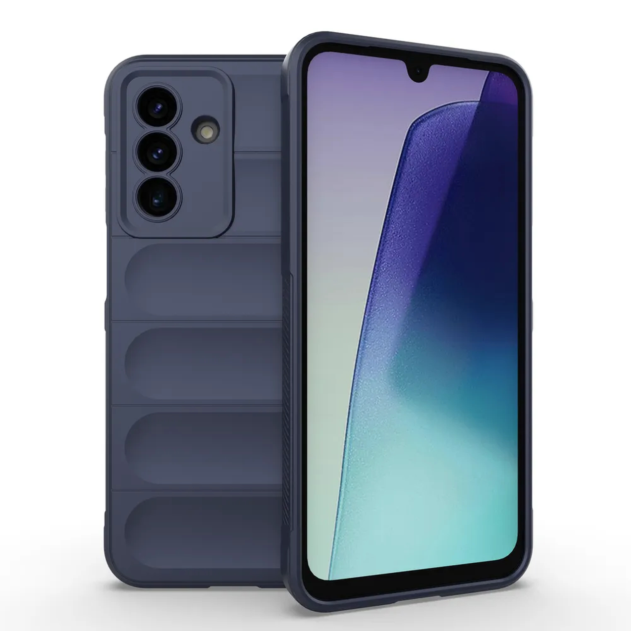 Twee blauwe smartphones, één in een hoesje, worden weergegeven. De hoes heeft een uniek gestructureerd ontwerp. De schermen tonen een verloop.