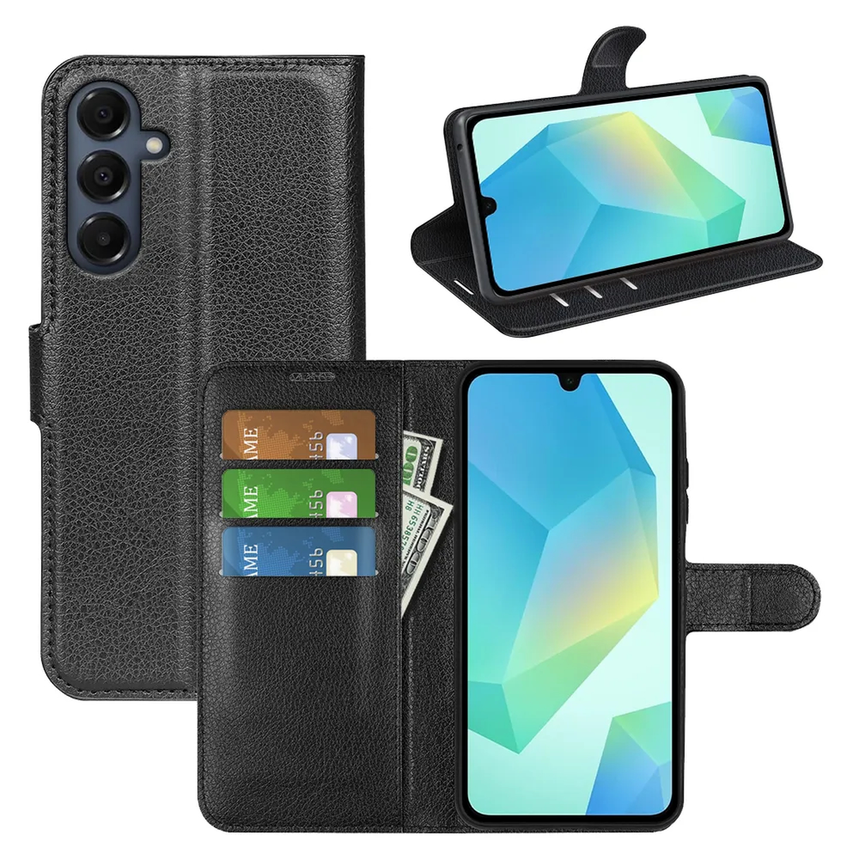 Zwarte leren telefoonhoes met telefoon erin. Drie creditcards en geld zijn zichtbaar in de portemonnee.