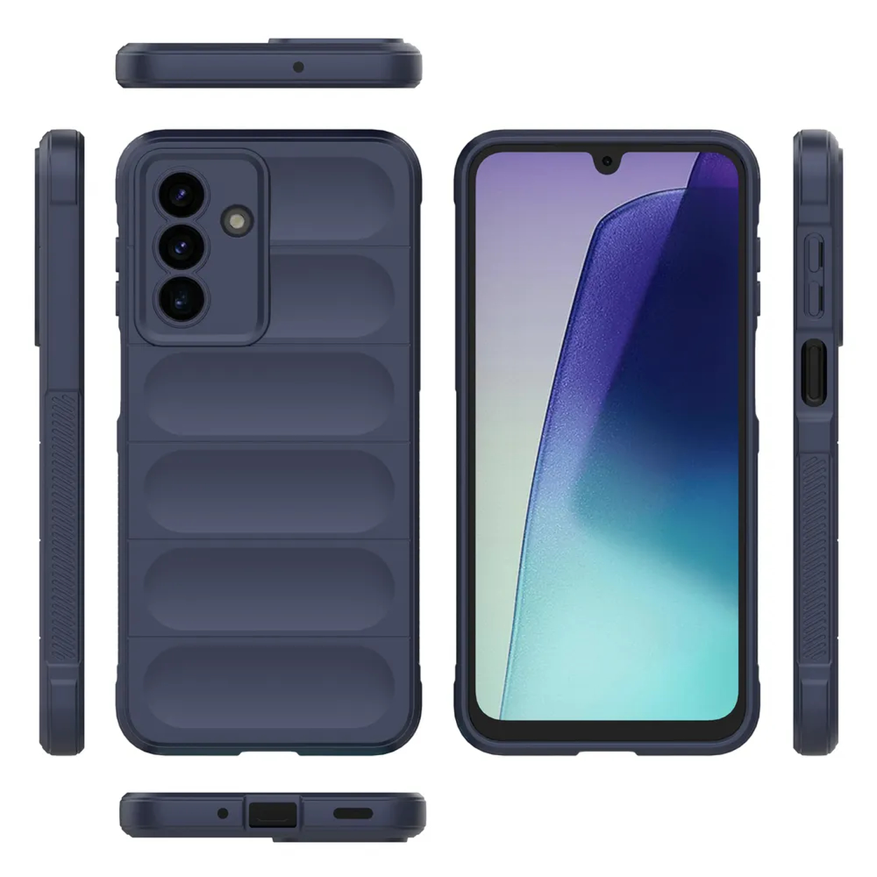 Een marineblauwe telefoonhoes met een smartphone erin. De hoes heeft een gestructureerde achterkant en bedekt de zijkanten.