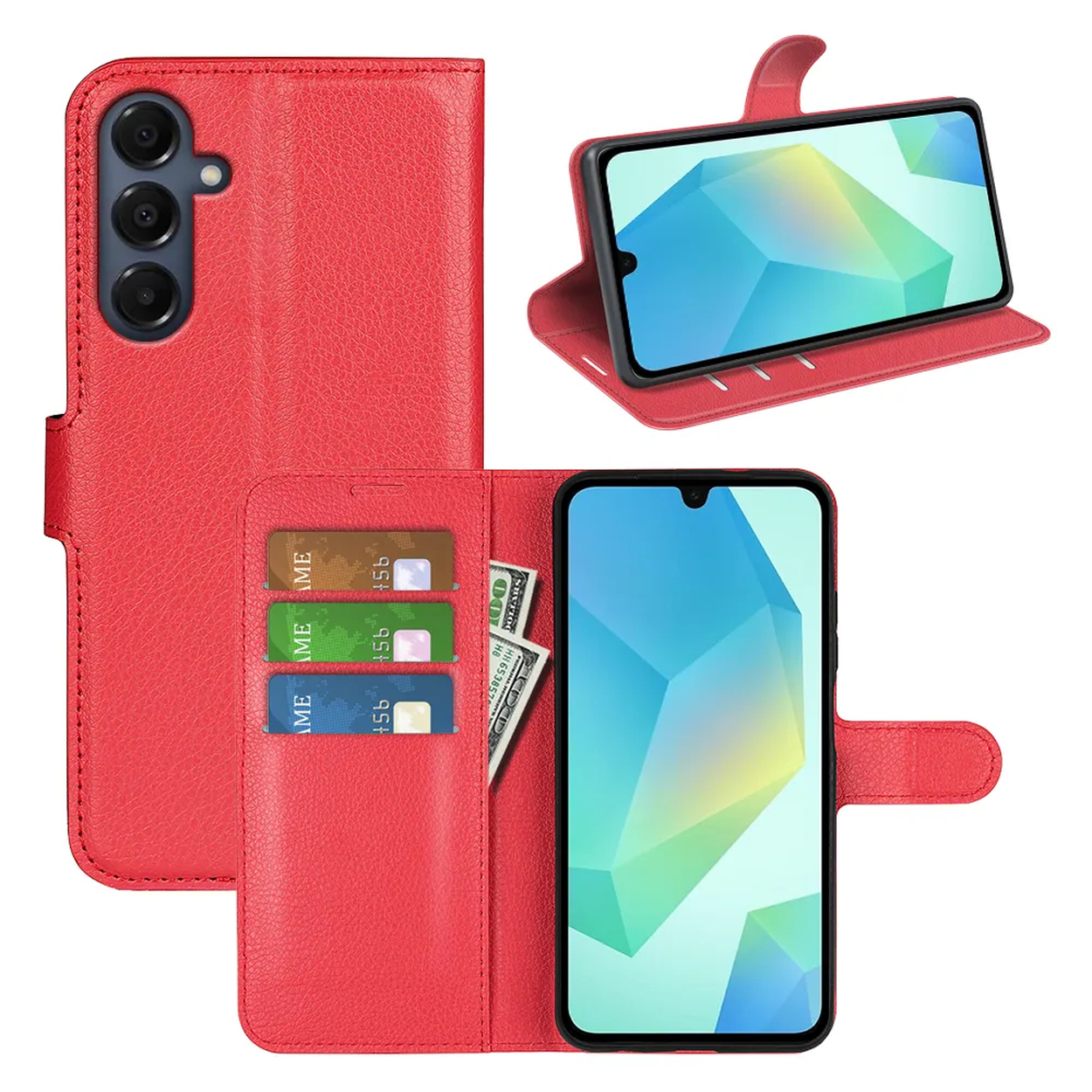 Rode telefoonhoes met drie telefoons en drie kaarten. Eén telefoon is open. Er zijn twee telefoons en een telefoon ligt open op zijn kant.
