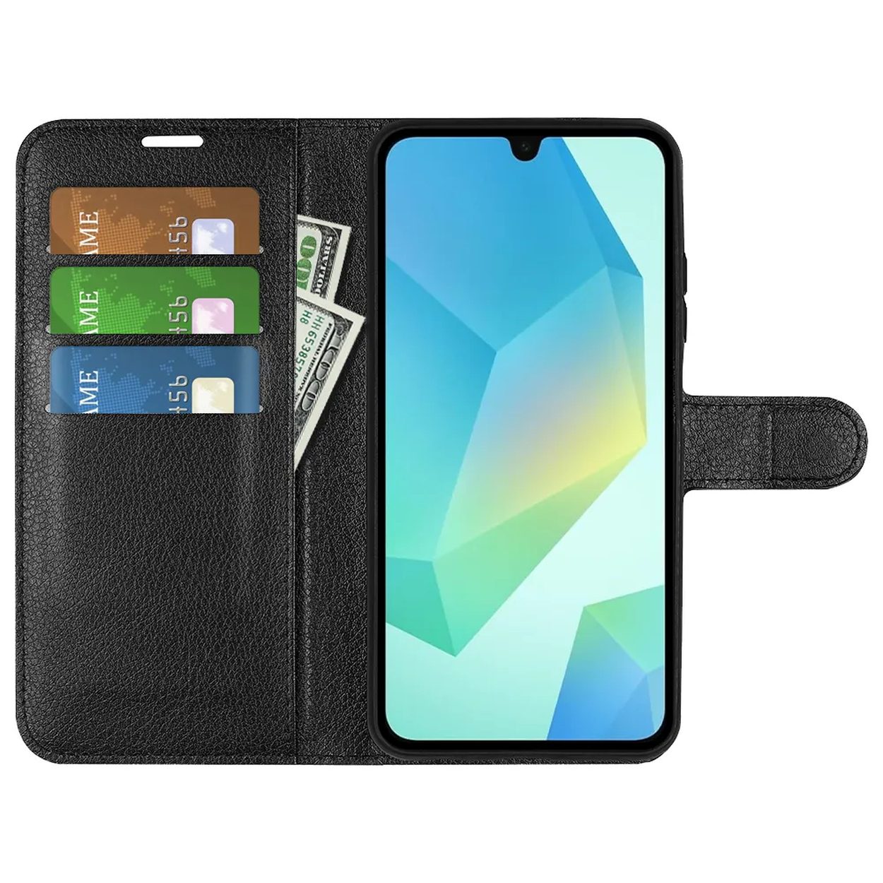 Een zwarte telefoonhoes met een smartphone. Binnenin zitten drie creditcards en een biljet van 100 dollar. Het scherm toont een geometrisch ontwerp.