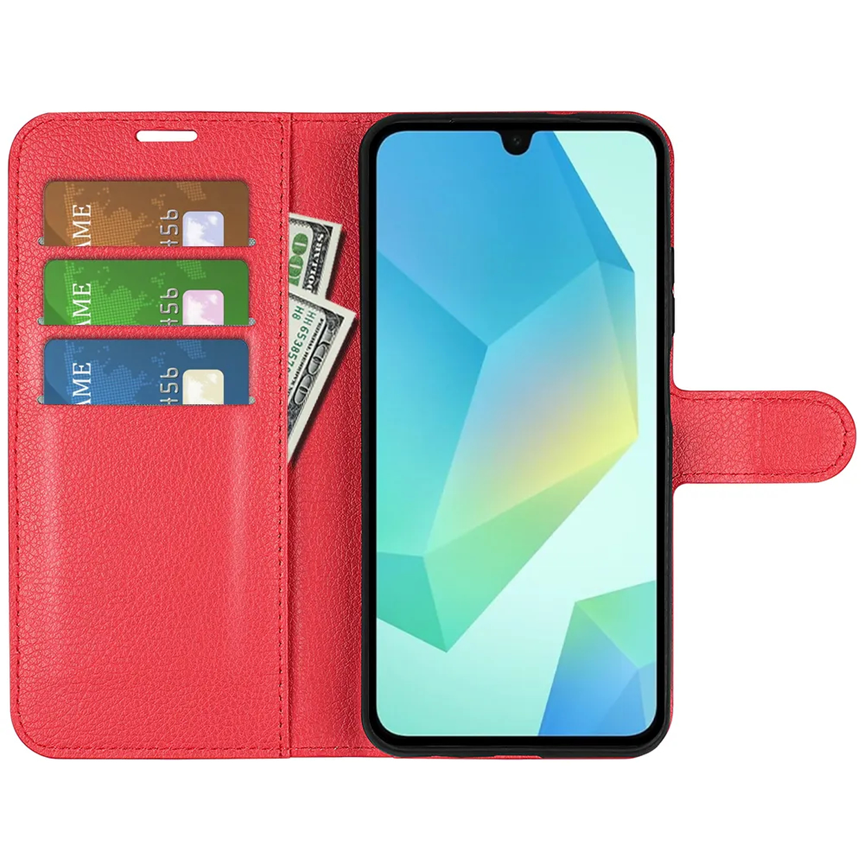 Een rode telefoonhoes met telefoon, kaarten en een dollarbiljet. Het scherm heeft blauwe en witte geometrische vormen.