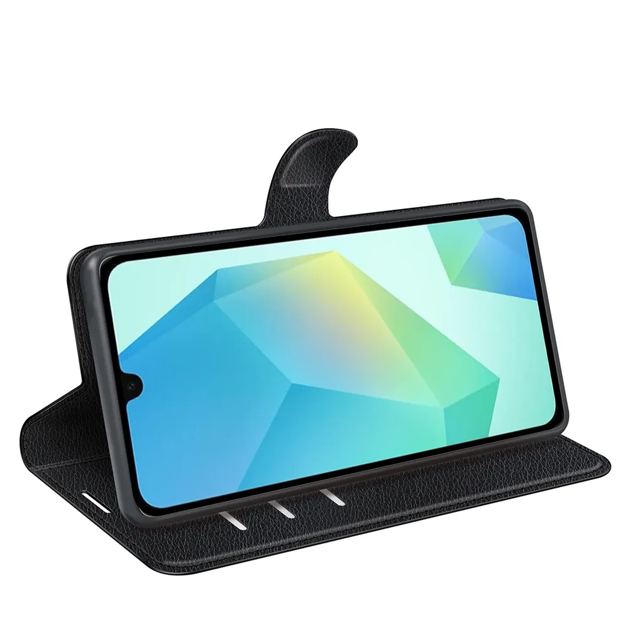 Een zwarte telefoon in een zwarte hoes is open. De telefoon toont een geometrisch abstract ontwerp in blauw, groen en geel.
