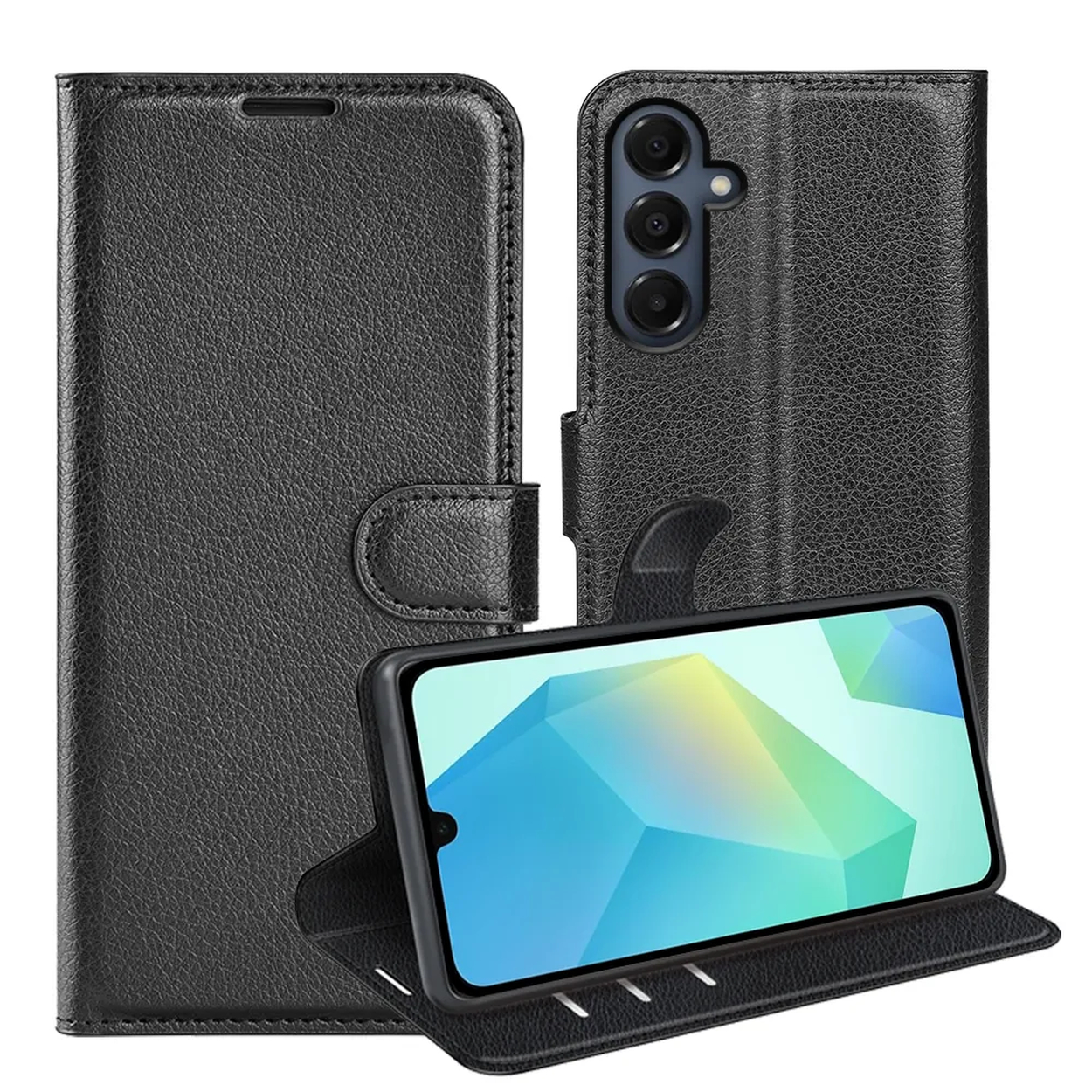 Zwarte leren telefoonhoes met telefoon erin. De telefoon toont een kleurrijk geometrisch patroon. De hoes is open.