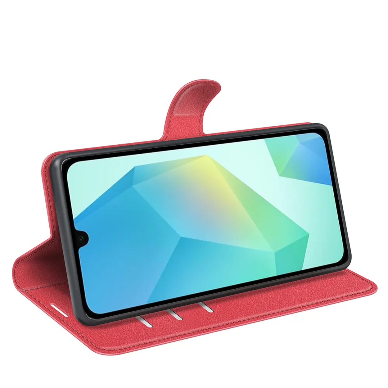 Een rode telefoonhoes houdt een telefoon vast met een kleurrijk geometrisch ontwerp. De hoes is open, met een flap en een sluiting.