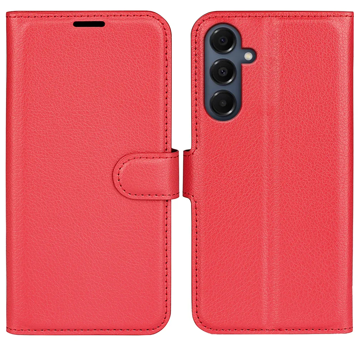 Rode telefoonhoes met flap en knoopsluiting. De hoes is open en toont de telefoon aan de rechterkant.