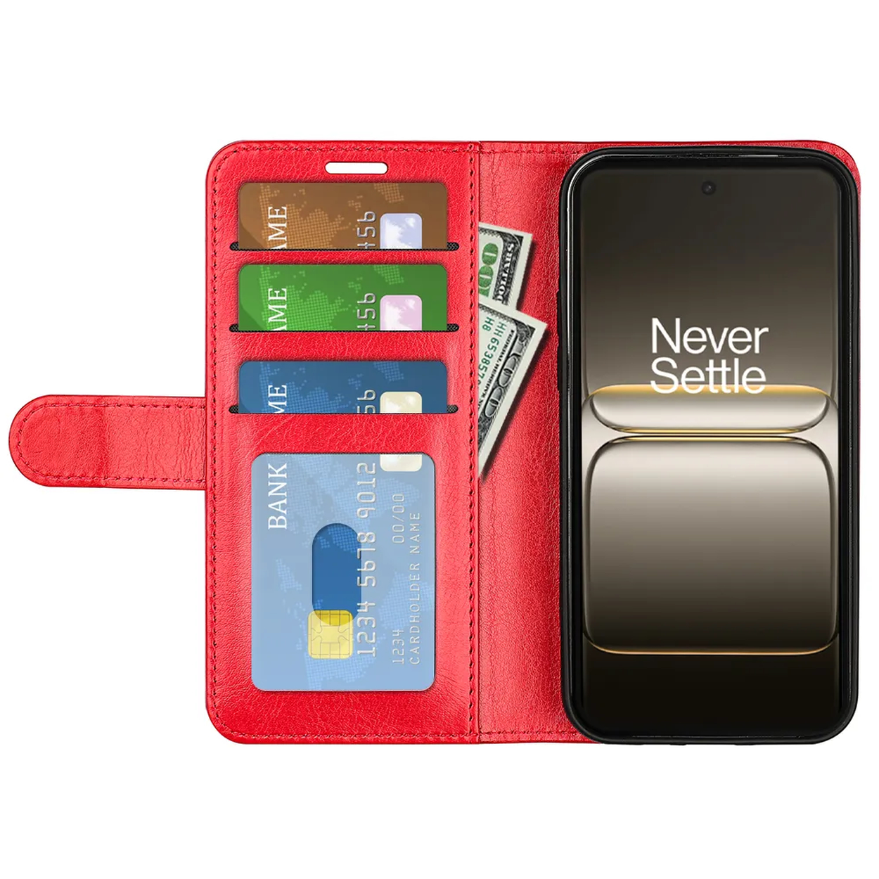 Rode telefoonportemonnee met een telefoon erin. Het heeft kaartsleuven met kaarten en wat geld.