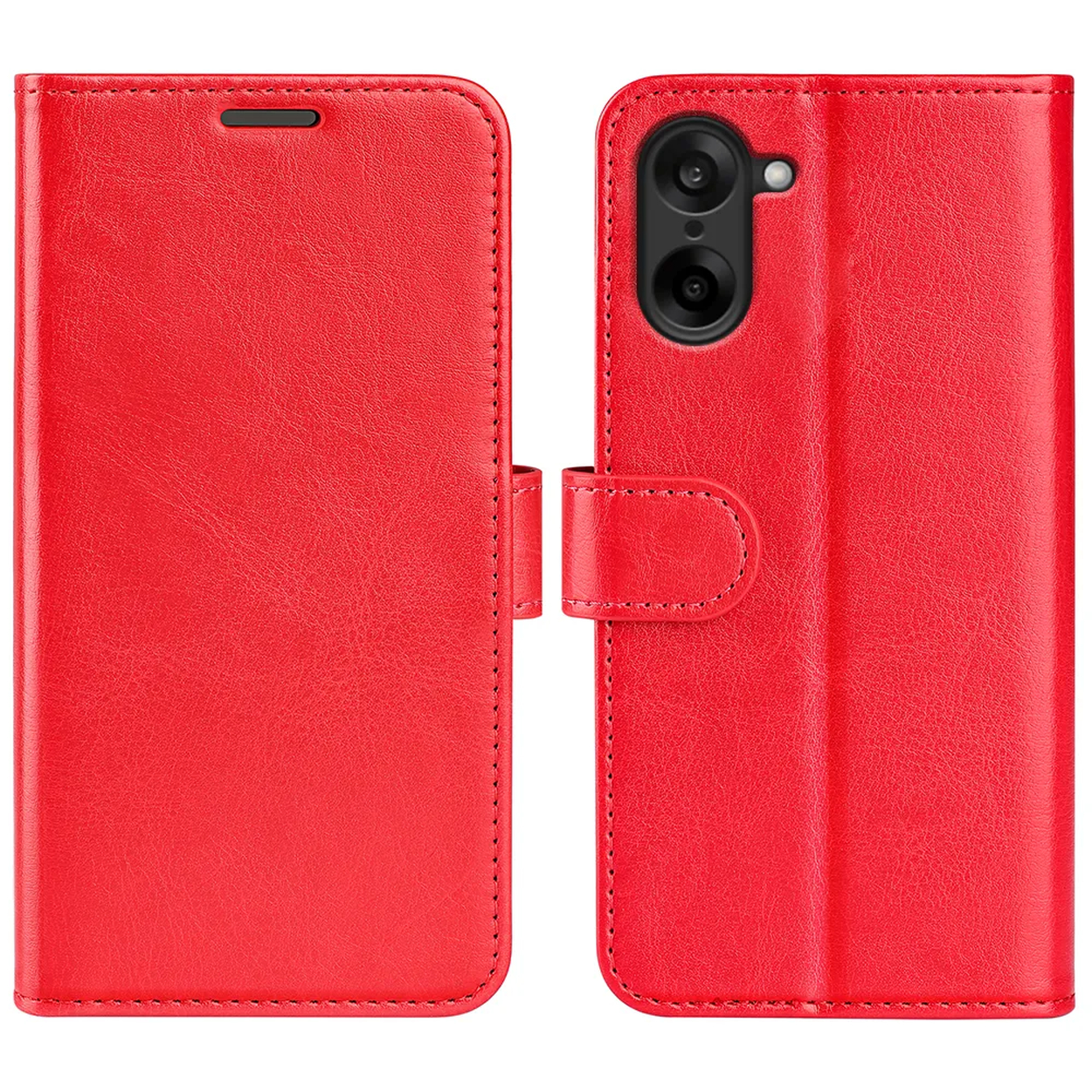 Een rode leren telefoonhoes in open positie. De rechterkant toont de camera van de telefoon. Stiksels en een magnetische sluiting zijn zichtbaar.