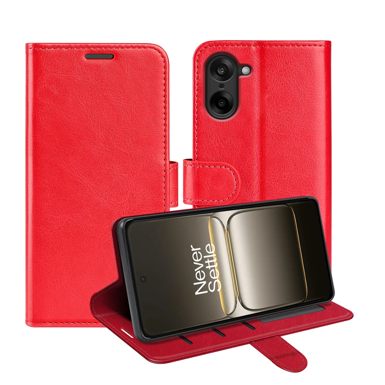 Rode telefoonhoes met telefoon erin. De hoes is open en toont het scherm met de tekst 'Never Settle'.