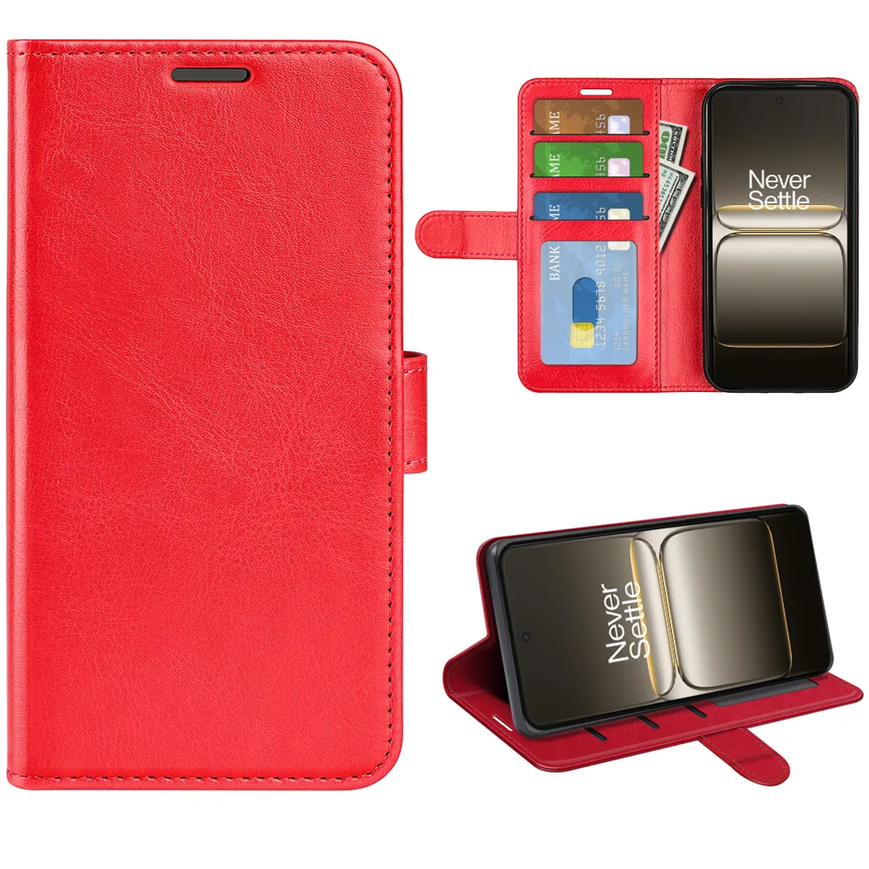 Rode telefoonhoes met kaartsleuven en een telefoon. De telefoon toont 'Never Settle'. Geld en kaarten zichtbaar.