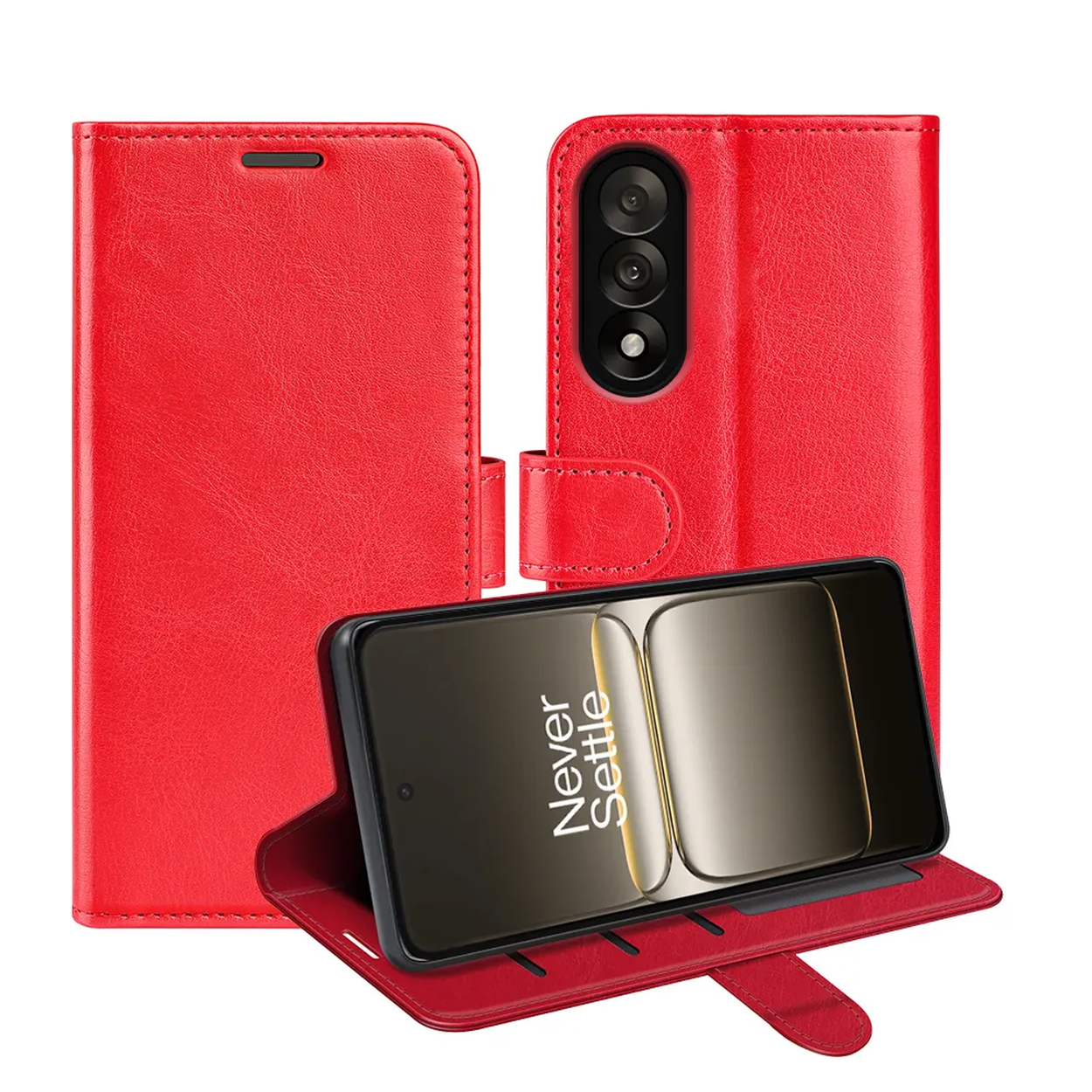 Een rode lederen telefoonhoes met een smartphone erin. De telefoon toont 'Never Settle'. De hoes is open en toont de telefoon en de binnendetails.
