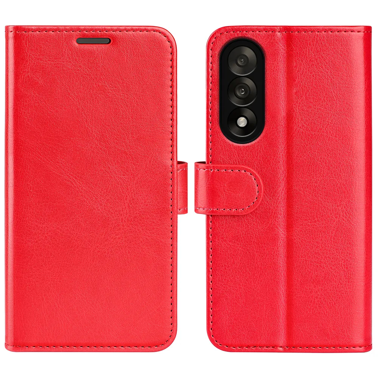 Een rode lederen telefoonhoes. De hoes is open en toont beide zijden. Eén kant is effen, de andere heeft een uitsparing voor de camera en een sluiting.