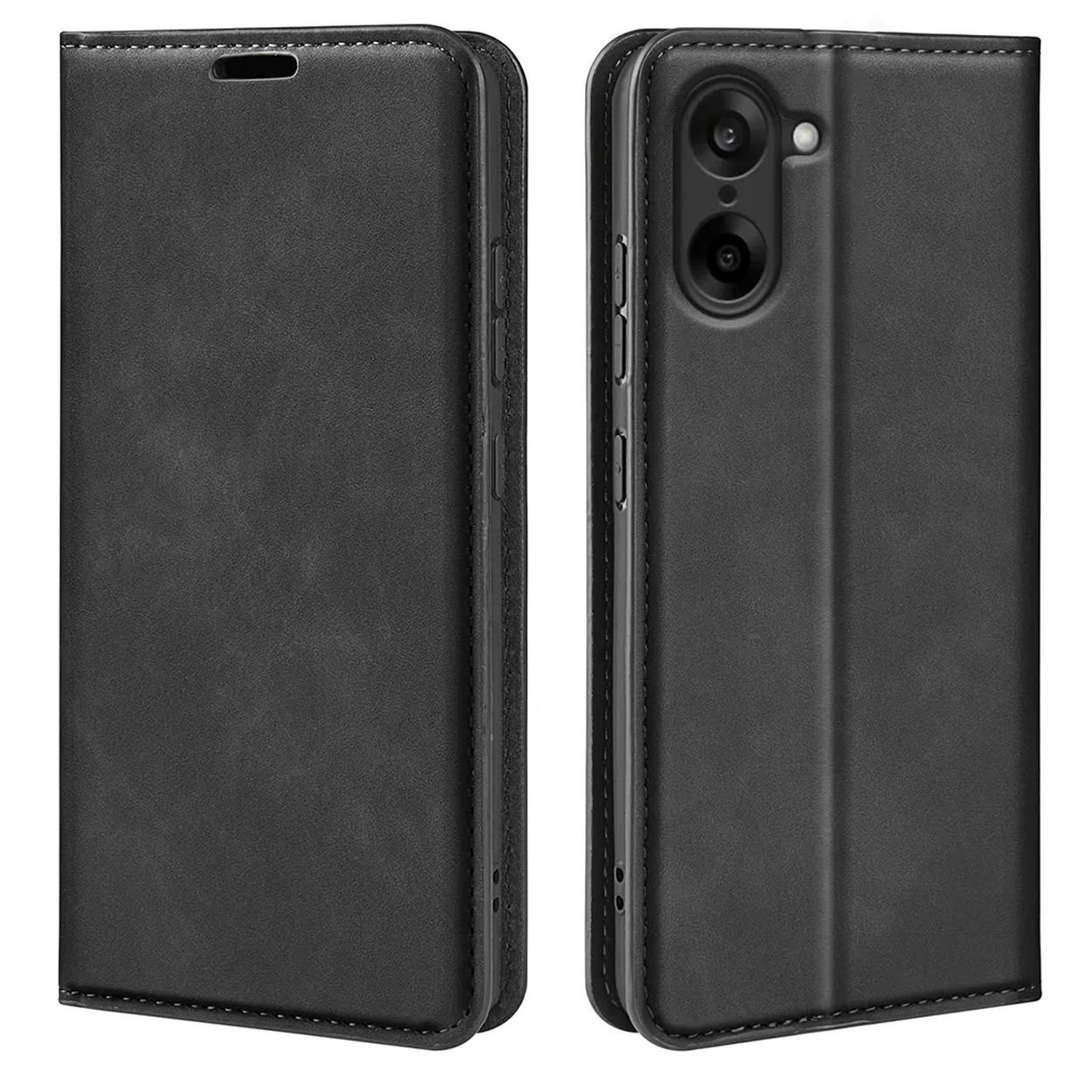 Étui de téléphone en cuir noir en deux parties. Le téléphone est dans la partie droite avec des objectifs d'appareil photo, la partie gauche est vide avec un trou pour le haut-parleur.